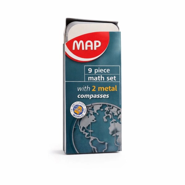 MAP branded 9-piece math set box in teal and red, showing text 'with 2 metal compasses' and globe graphic