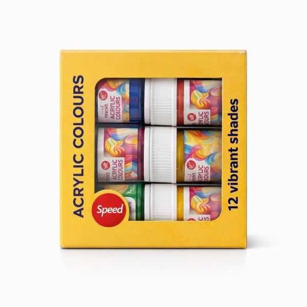 Yellow box of Speed acrylic colours showing six small colour jars through a window, labelled 12 vibrant shades