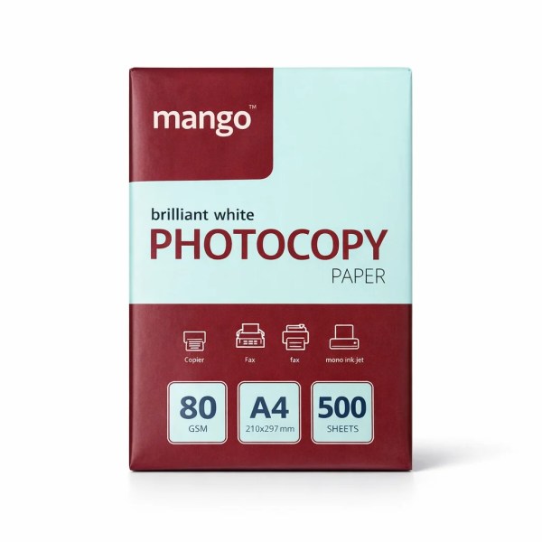 Pack of Mango A4 photocopy paper, 80 GSM, 500 sheets, red and pale blue packaging
