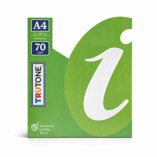 Green TruTone A4 copier paper bundle box labelled 70 GSM 500 sheets