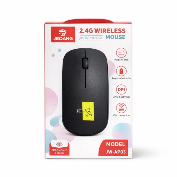Black Jeqang wireless mouse in white and red retail box showing model JW-AP03 and features