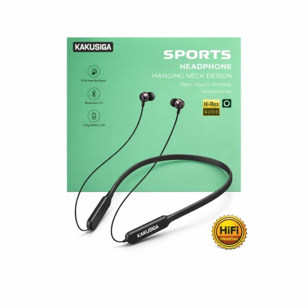 black Kakushiga hanging-neck sports headphones with earbuds and green product box in background