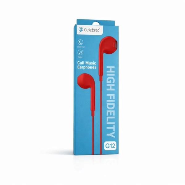 Blue rectangular retail box showing red Celebrat G12 earphones and product text