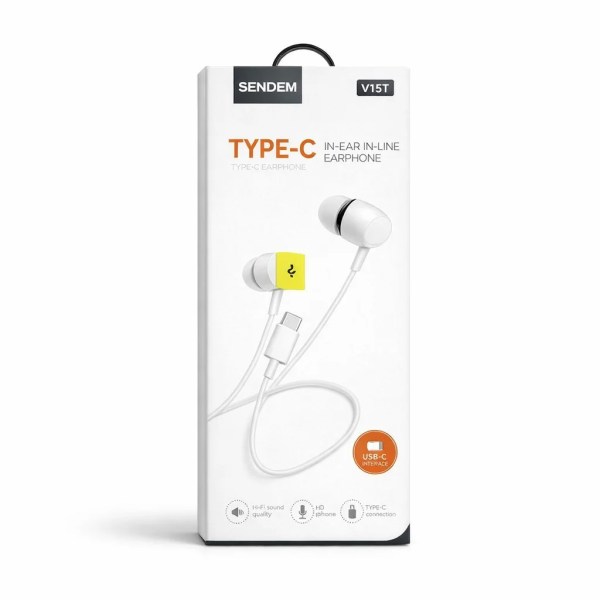 white Sendem Type-C in-ear earphones with inline microphone and USB-C connector on retail packaging