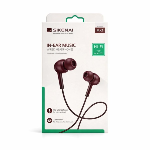 white retail box showing maroon wired in-ear headphones with cable and 3.5mm pin illustrated