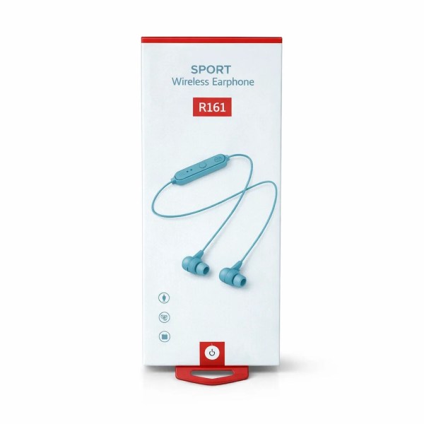 Blue Wuw R161 sport wireless earphones with inline control on white product packaging