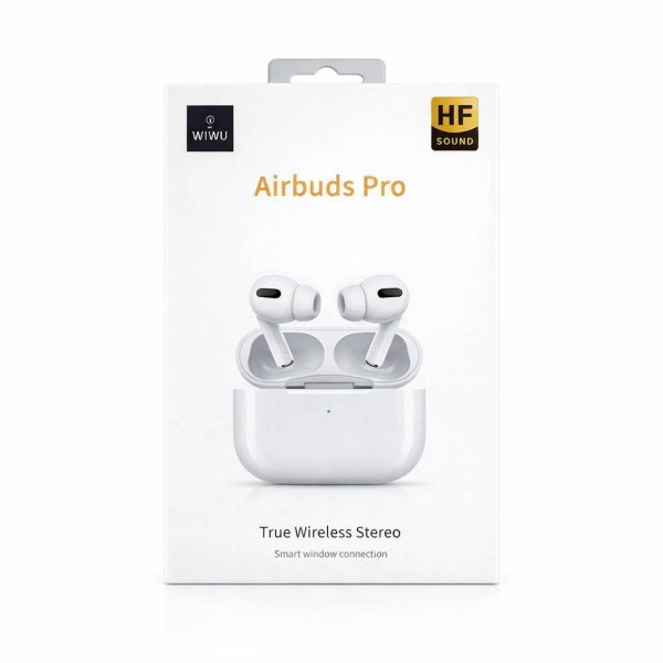 White Wiwu Airbuds Pro with open charging case pictured on white retail box