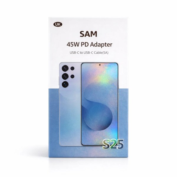 White and blue retail box for SAM S25 45W PD adapter with USB‑C to USB‑C cable, phone illustration on front