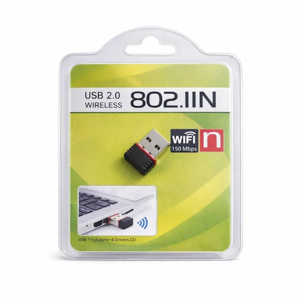 small USB 2.0 wireless 802.11n adapter in plastic retail blister pack with green card insert