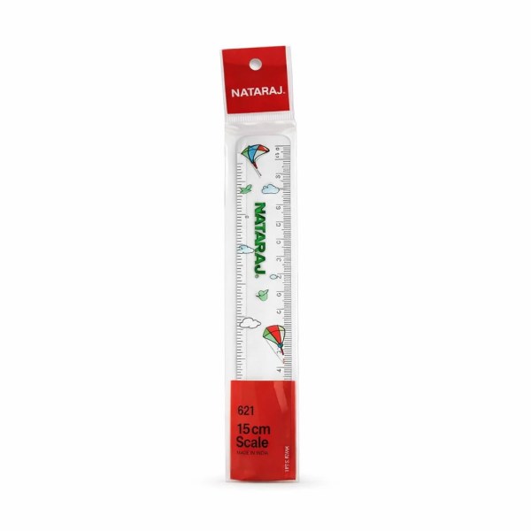 15 cm clear plastic Nataraj ruler with colourful kite and cloud designs in packaging
