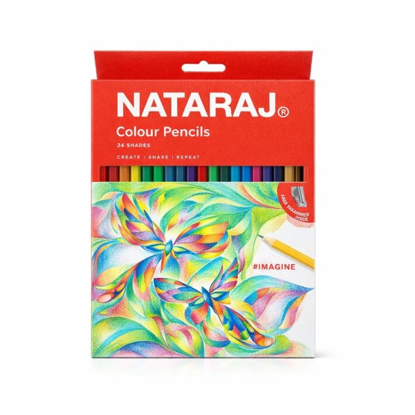 Red Nataraj box of 24 colour pencils with colourful floral artwork and pencil tips visible through a window
