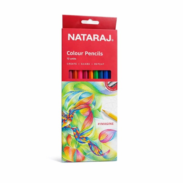 Red Nataraj box showing 12 colour pencils with colourful floral artwork on the lower half