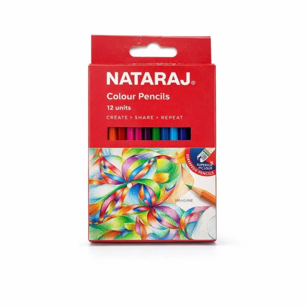 Red Nataraj box showing 12 coloured pencils through a small window and colourful floral artwork on the lower half