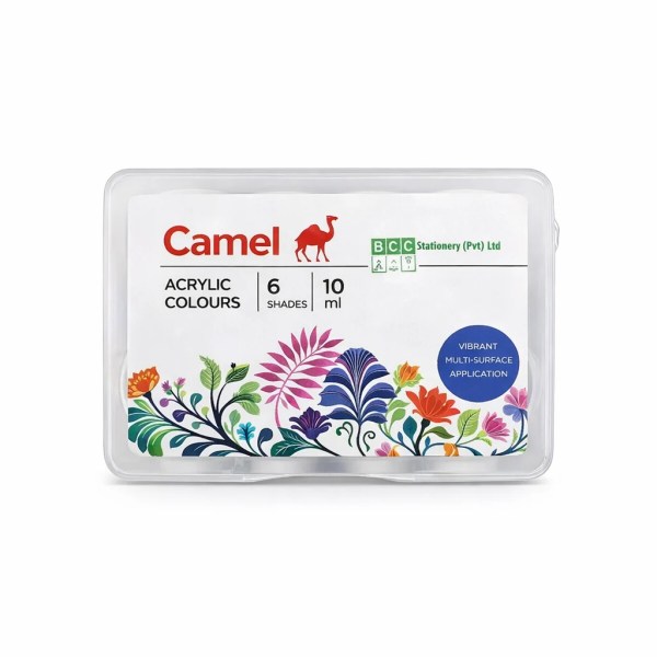clear plastic case of Camel acrylic colours set with floral label showing 6 shades, 10 ml each