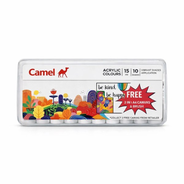 Clear plastic case of Camel acrylic colours showing colourful label and 10 small paint pots