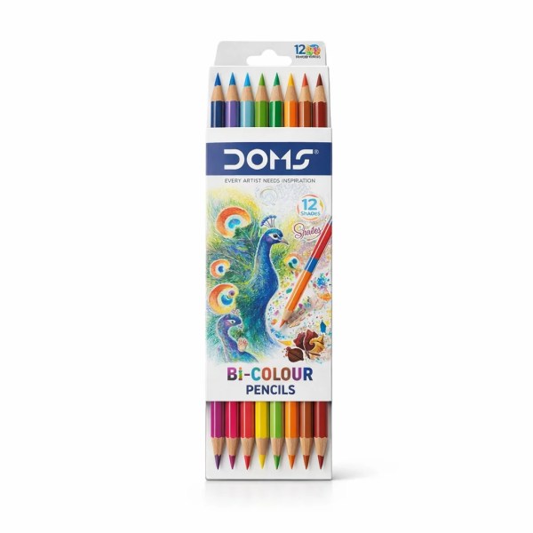 Pack of DOMS bi-colour pencils showing 12 double-ended coloured pencils in a white illustrated box
