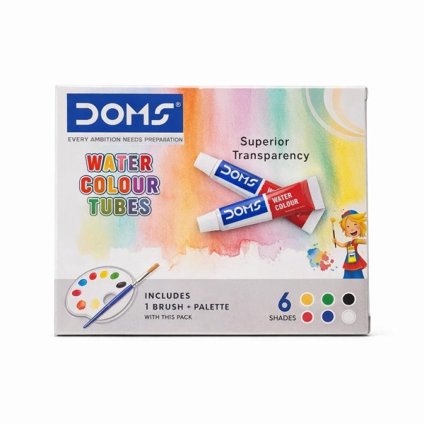 Pack of Doms watercolour tubes with colourful packaging, two tubes visible and palette illustration, 6 shades