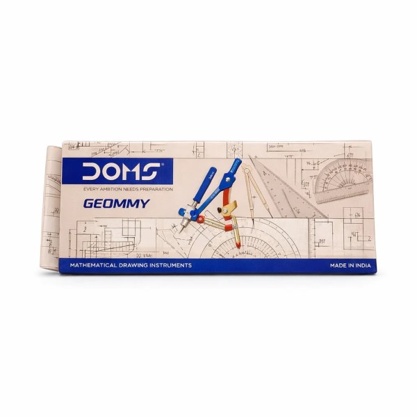 Doms Geommy geometry set box with compass and protractor illustrations on white and blue packaging