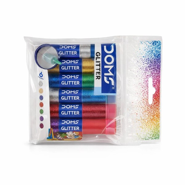 Clear pouch containing six Doms glitter glue tubes in assorted colours with colourful speckled packaging edge