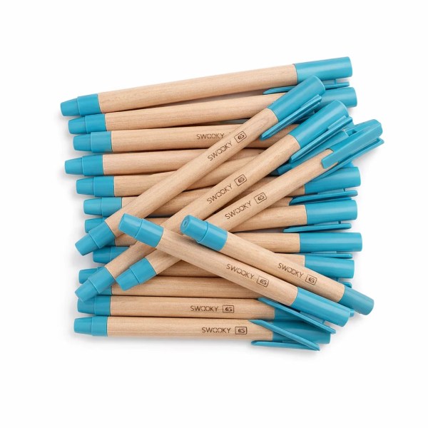 Wood-bodied felt-tip pens with turquoise caps and clips arranged in a pile