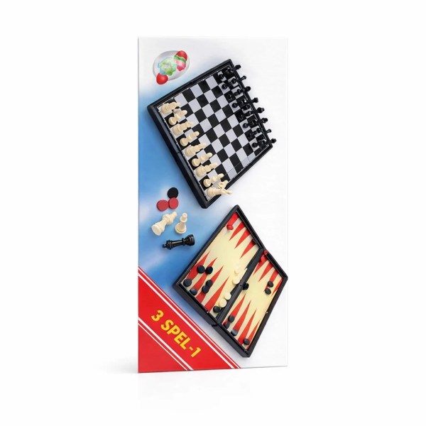 Magnetic travel set showing a folded board with chess pieces and a backgammon board with checkers on a blue and white backgro