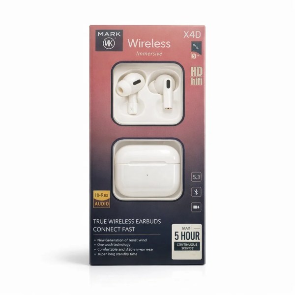 Mark PRO-60 wireless white earbuds and charging case in retail packaging with product details