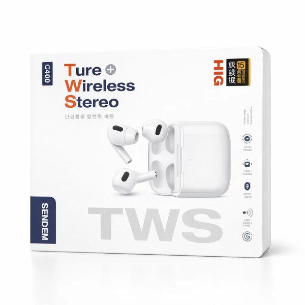 white true wireless earbuds and charging case on white retail box with TWS branding