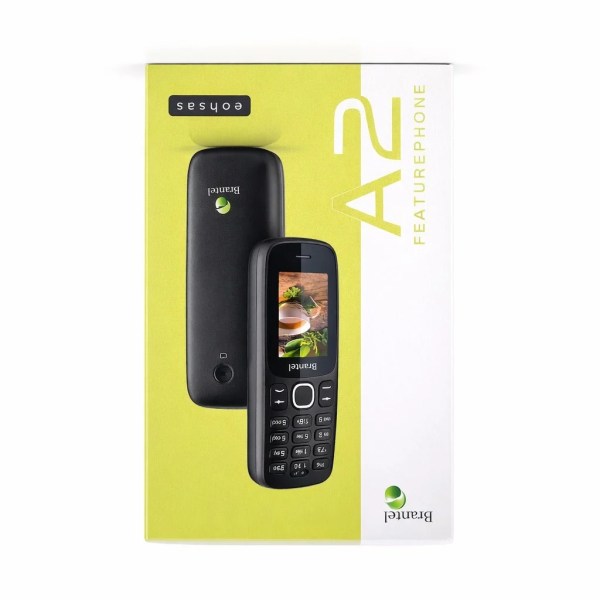Greentel A2 black feature phone with keypad shown on its yellow and white retail box