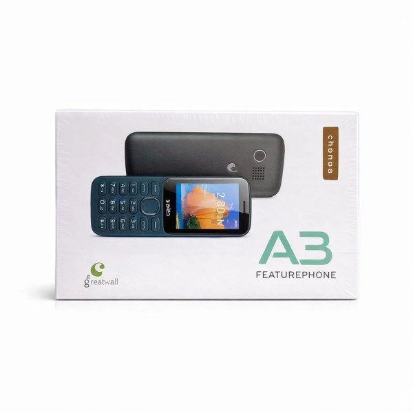 Techsas A3 feature phone box showing front and back of a small blue keypad phone with colour screen