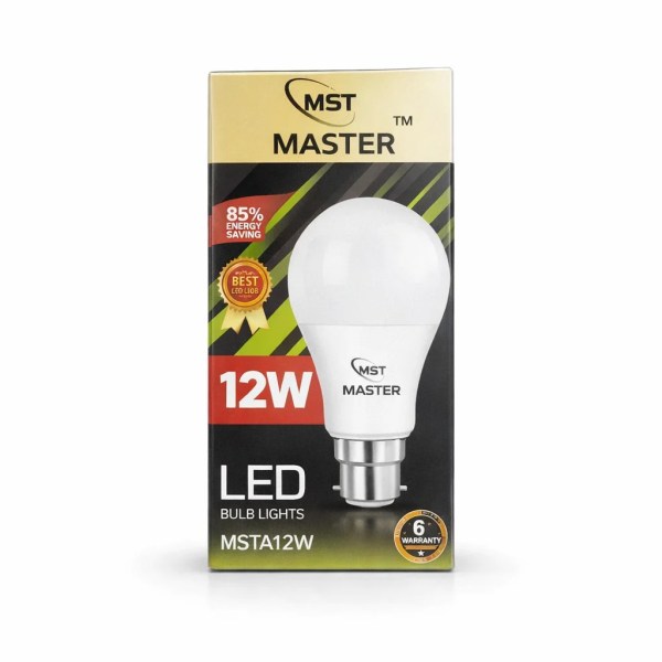 MST Master 12W LED bulb in its yellow, black and green retail box showing bulb image and 12W label
