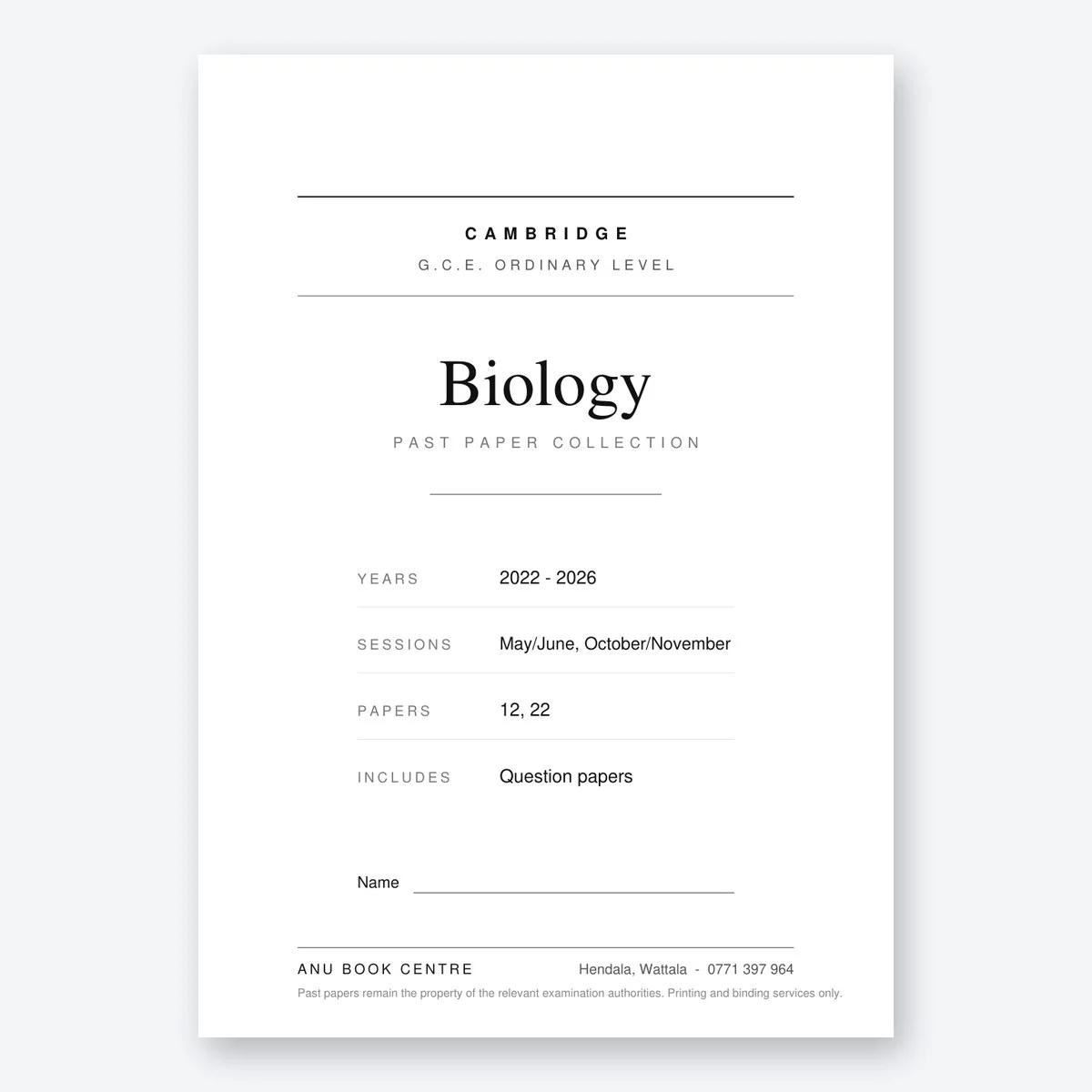 Cambridge G.C.E. Ordinary Level Biology (5090) Question Papers – Printed & Bound - contents page